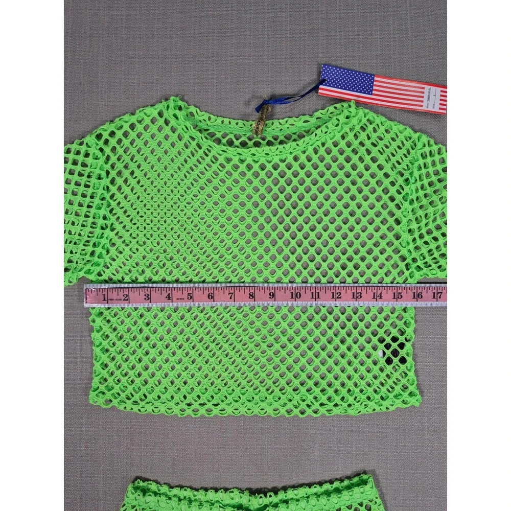 American Leisure Womens Neon Green Mesh Two Piece Set Crop Top Shorts Small NWT